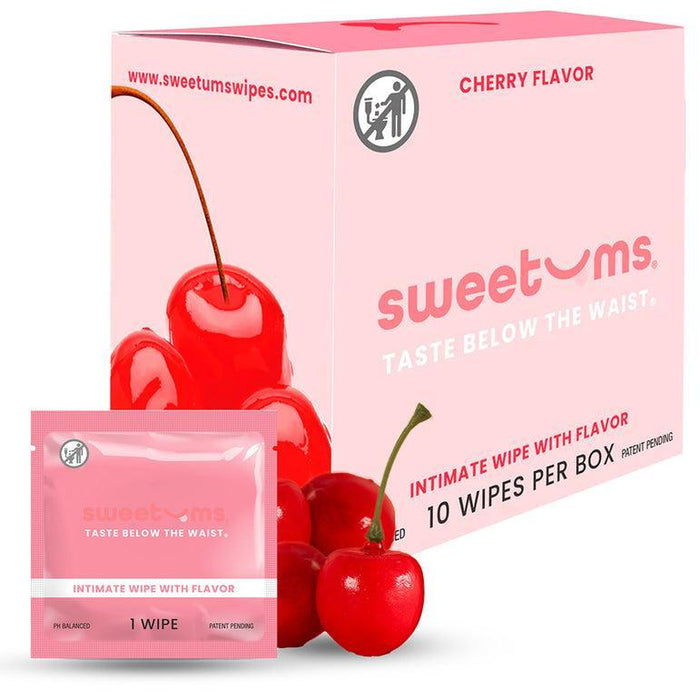 A pink box labeled Sweetums Flavored Intimate Wipes - Various Flavors 10 pack is shown with a packet next to it. Made from plant fibers, the cherry-themed packaging reads: "Taste Below the Waist" and "Patent Pending." Experience pH-balanced freshness with every vegan-friendly wipe.