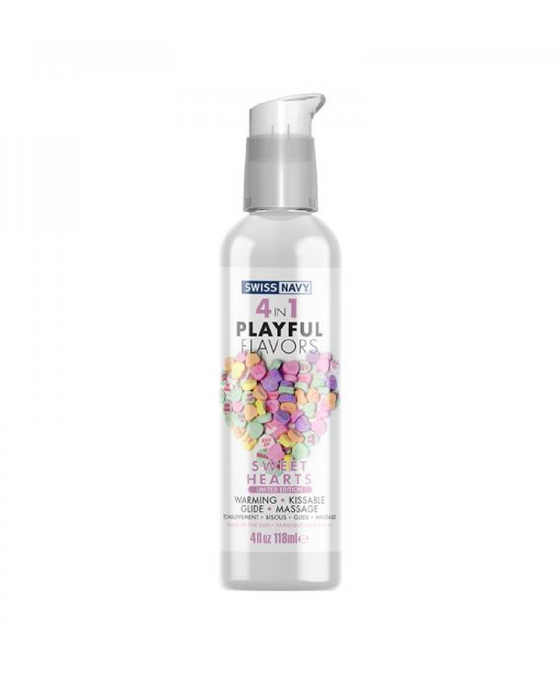 Playful Flavors Sweetheart Candy Hearts 4 in 1 Warming Lubricant white bottle with candy hearts on it 