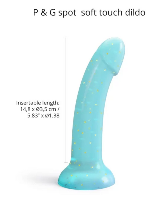 Nightfall Teal Glitter 7 inch Silicone Dildo showing size on graphic 