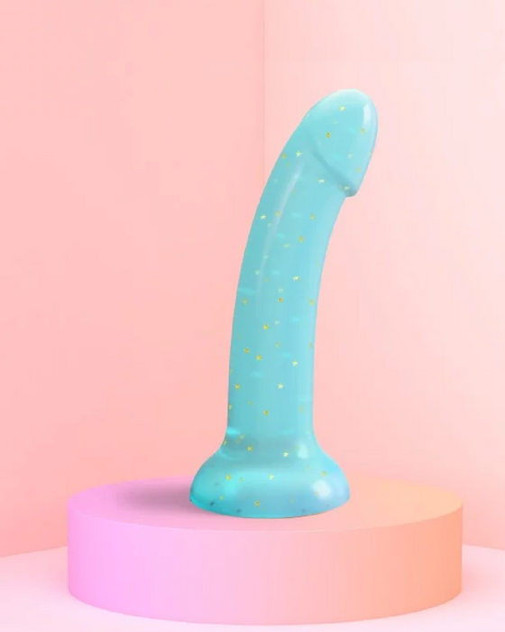Nightfall Teal Glitter 7 inch Silicone Dildo on pink stand with pink background 