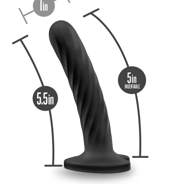 The Temptasia Twist Curved Slim 5 Inch Black Silicone Pegging Dildo features a spiral texture, 5.5-inch total length, 5-inch insertable length, and 1-inch width at the tip—perfect for beginners and strap-on compatible for versatile play.