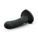 The Temptasia Twist Curved Slim 5 Inch Black Silicone Pegging Dildo, beginner-friendly with a flared base and curved shaft for strap-on compatibility, is displayed on a white background.
