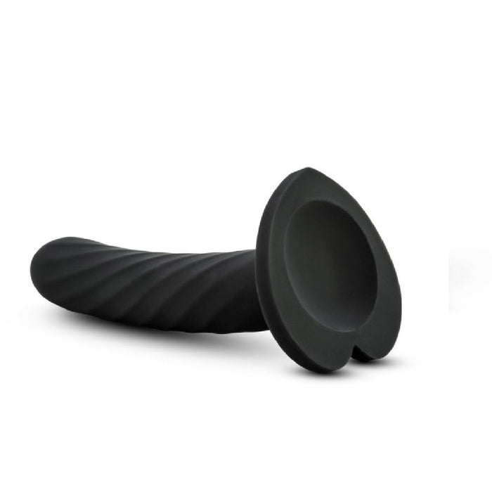 The Temptasia Twist Curved Slim 5 Inch Black Silicone Pegging Dildo features a spiral texture, heart-shaped suction base, is strap-on compatible, great for beginners, and is shown against a plain white background.