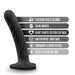 The Temptasia Twist Curved Slim 5 Inch Black Silicone Pegging Dildo features platinum cured silicone, a textured curved design, satin smooth finish, heart suction base, is strap-on compatible, body safe, latex free—perfect for beginners.