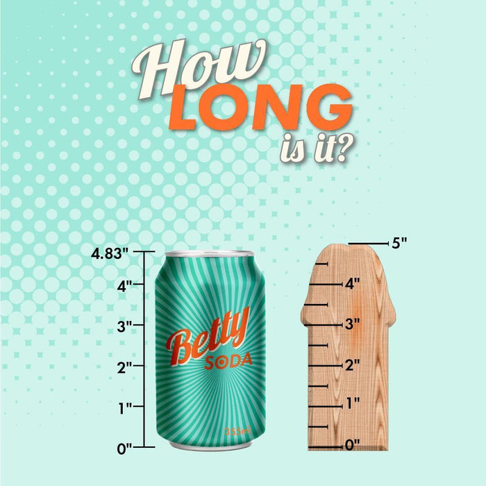 A teal "Betty Soda" can (4.83") stands beside a Temptasia Twist Curved Slim 5 Inch Black Silicone Pegging Dildo, marked in inches up to 5. Above, the text asks, "How long is it?.