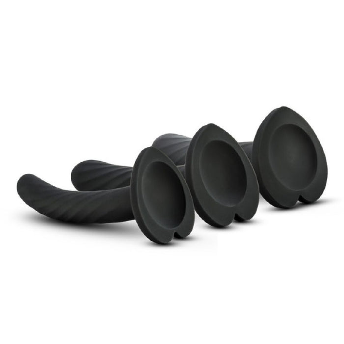 The Temptasia Twist Set features 3 black silicone pegging dildos with curved, spiral stems and heart-shaped bases, arranged in a row on a white background—each a different size for customized G-spot stimulation.