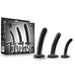 The Temptasia Twist Set Of 3 Curved Black Silicone Pegging Dildos features three body-safe, spiral-textured dildos displayed beside packaging labeled "Temptasia Twist Kit" with images of the plugs.