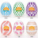 The Tenga Egg Disposable Penis Masturbation Sleeves - Wonder Variety Pack of 6 features egg-shaped toys with colorful WIND (blue waves), STUD (green hexagons), MESH, TUBE, CURL, and RING patterns for fun pleasure on the go.