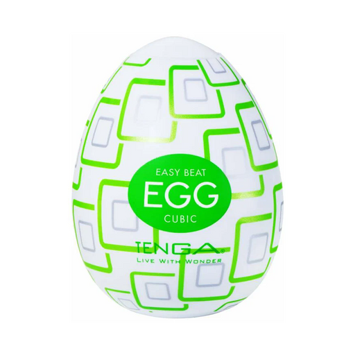 The Tenga Egg Disposable Penis Masturbator - Cubic is a white, egg-shaped travel sex toy featuring a green geometric pattern and discreet design for single-use pleasure.