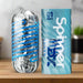 The Tenga Spinner DX Drops Textured Masturbator, featuring a clear capsule shape with silver and blue accents, stands by its blue "01 Drops Spinner" container, highlighting its thick elastomer for a unique spinning stroker experience.