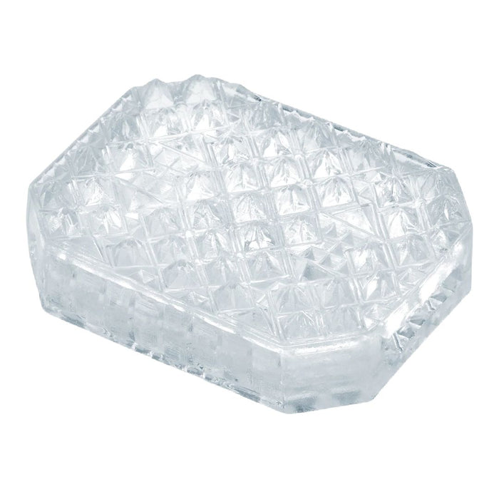 A clear, diamond-shaped piece of glass with a step-textured surface, resembling a cut gemstone, isolated on a white background. 
Tenga Uni Diamond Textured Finger Sleeve for Stroking and Clit Massage by Tenga