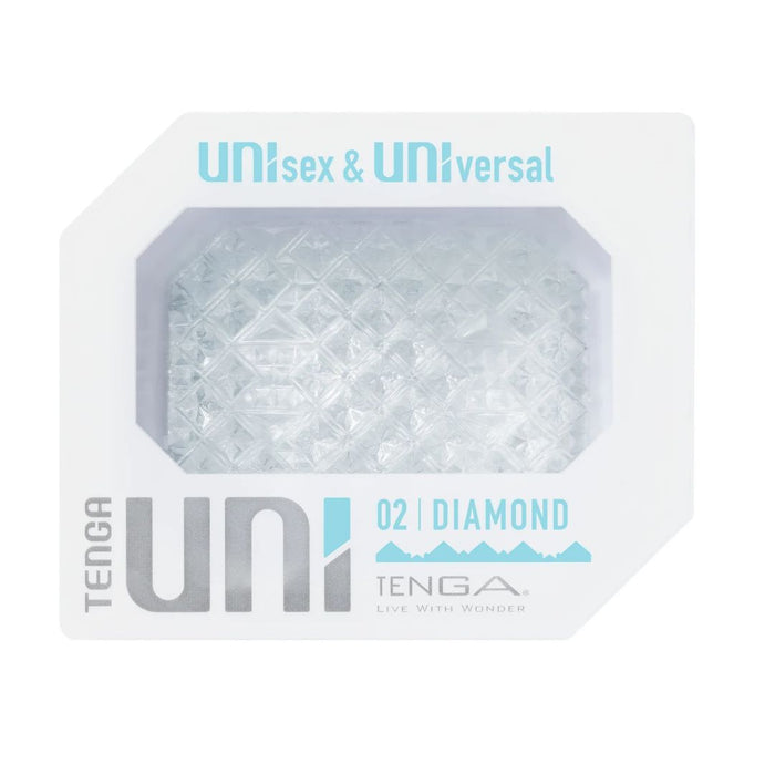 Product package for Tenga Uni Diamond Textured Finger Sleeve, labeled as unisex and universal, featuring a geometric diamond design on a silver-gray background with discreet masturbator labeling.