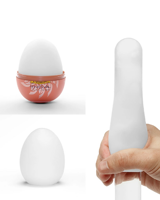 A collage of three images showcasing the versatility of egg design objects: a white Tenga Egg Disposable Penis Masturbator - Combo-shaped object rests in a decorative stand, a hand holds a tall and slender egg-inspired glass container.
