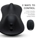 A black ergonomic device and matching black remote are shown. Text: "Control The Cowgirl Rodeo Rumbler Grinding Sex Machine manually or with the magnetic rechargeable remote for hands-free stimulation.