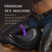 A person in black leather pants and belt kneels beside The Cowgirl Saddle Sex Machine with Vibration, Thrusting, and Rocking, featuring a purple attachment. Text: "Delivers an exhilarating self-rocking motion for an unmatched riding experience.