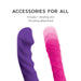 Two colorful silicone attachments—one purple with a wavy design, one pink with texture—are shown. Text above: "Accessories for all. Designed for hands-free pleasure on The Cowgirl Saddle Sex Machine with Vibration, Thrusting and Rocking.