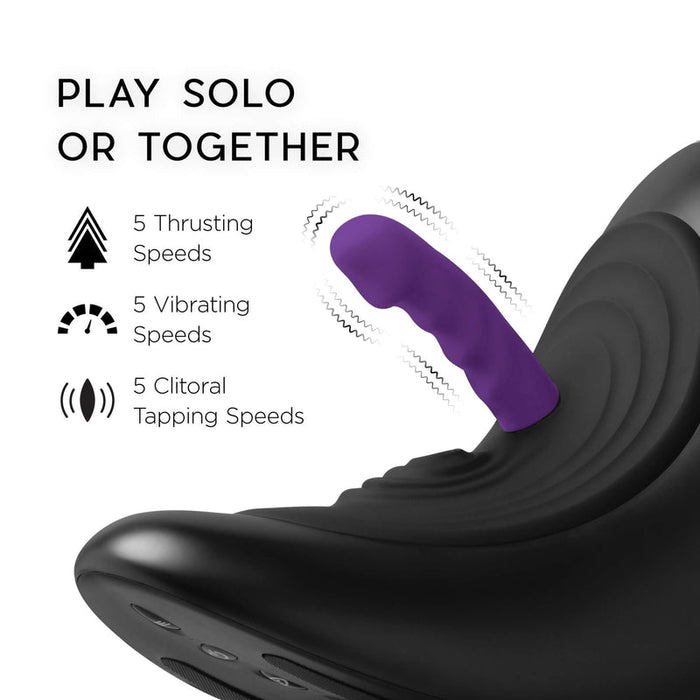 The Cowgirl Saddle Sex Machine with Vibration, Thrusting, and Rocking is shown in black and purple. Features include 5 thrusting speeds, 5 vibrating speeds, and 5 clitoral tapping speeds for hands-free solo or shared pleasure.