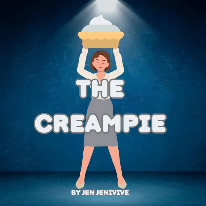 A smiling woman in a blouse and skirt holds a pie with whipped cream above her head under a spotlight. Bold text reads "The Cream Pie Adult Humor Book by Jen Jenivive"—a cheeky, playful gift perfect for adults.