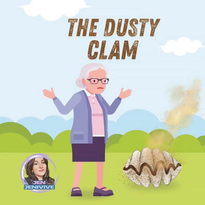 An illustration of an elderly woman shrugging beside a dusty clam appears on "The Dusty Clam Adult Humor Book by Jen Jenivive"—a cheeky, novelty gift. A small circle in the corner features Jen Jenivive's image.