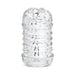 The Handy Dream Collection Touch Sleeve is a clear, ribbed cylindrical sleeve made of transparent material for targeted stimulation, featuring a realistic hand-like grip and designed to stand upright on flat surfaces.