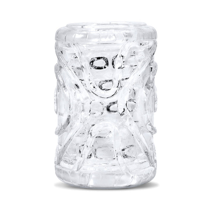 A clear, textured glass tumbler from The Handy Mermaid Collection Coral Sleeve – Intense Sensations, featuring intricate raised geometric and coral-inspired patterns, is shown from the front against a white background.