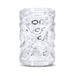 A clear, textured glass tumbler from The Handy Mermaid Collection Coral Sleeve – Intense Sensations, featuring intricate raised geometric and coral-inspired patterns, is shown from the front against a white background.