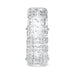 The Handy TrueGrip Gen 2 Sleeve features a transparent, cylindrical design made from extra stretchy silicone with raised bumps and ridges for enhanced grip and sensation. It is longer and thicker for increased pleasure.