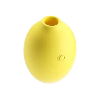 The Lemon Powerful Clitoral Air Pulsation Suction Vibrator is a yellow, oval silicone device featuring a small round top opening and a side power symbol, designed for clitoral pleasure, shown against a white background.