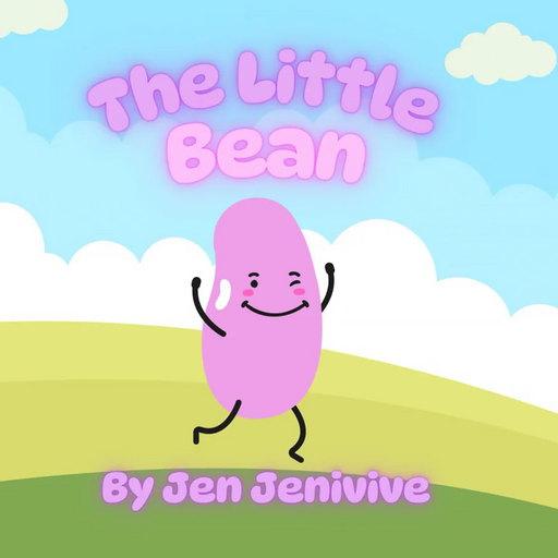 A pink cartoon bean with a smiling face strolls on grassy hills under a blue sky. The cover humorously features "The Little Bean Adult Humor Book by Jen Jenivive" in playful pink letters.