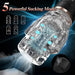 A device advertising "5 Powerful Sucking Modes" displayed in bold text. The transparent inner structure of the Male Rose 2 Powerful Sucking & Vibrating Masturbator is showcased with illustrations demonstrating different sucking patterns. The device, under the brand name Male Rose, is highlighted on a dark background with captivating blue and white light effects.