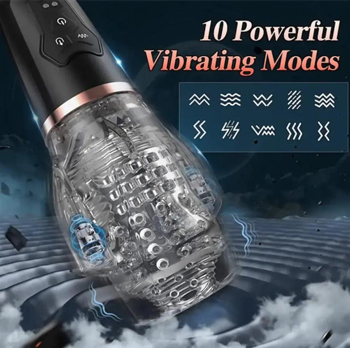 Close-up of The Male Rose 2 Powerful Sucking & Vibrating Masturbator handheld electronic device by Male Rose with a transparent section showcasing intricate internal components. The backdrop features a dramatic, stormy scene with lightning. Text in the image reads, "10 Powerful Vibration Modes," alongside icons representing these modes.