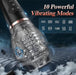Close-up of The Male Rose 2 Powerful Sucking & Vibrating Masturbator handheld electronic device by Male Rose with a transparent section showcasing intricate internal components. The backdrop features a dramatic, stormy scene with lightning. Text in the image reads, "10 Powerful Vibration Modes," alongside icons representing these modes.