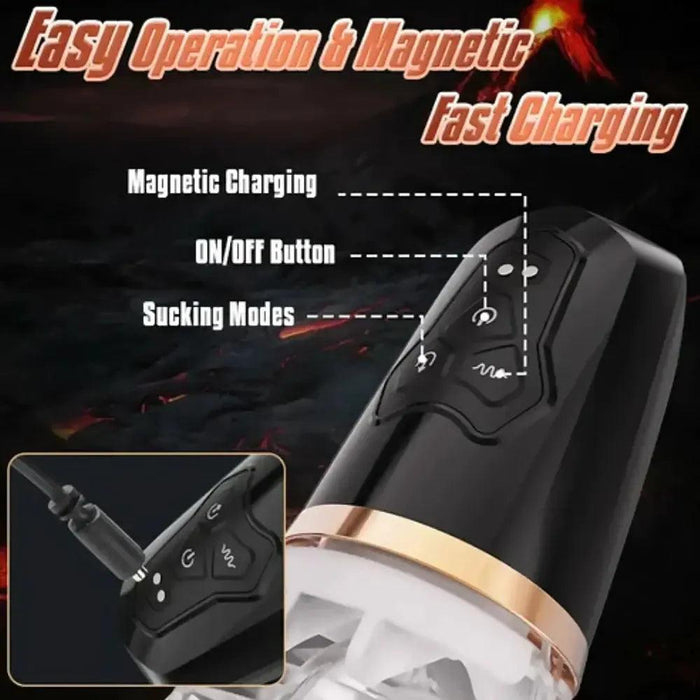 Introducing The Male Rose 2 Powerful Sucking & Vibrating Masturbator by Male Rose: an elegant black electronic device with a luxurious gold band. It features easy operation, magnetic fast charging, an intuitive ON/OFF button, and varied suction modes for personalized use. Experience enhanced pleasure with its multiple control buttons and seamless design.