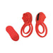 The Rose Vibrating Stretchy Remote Control Couples' Cock Ring is shown in red silicone with rose-shaped details and a matching remote, offering dual-stimulation for enhanced pleasure against a white background.