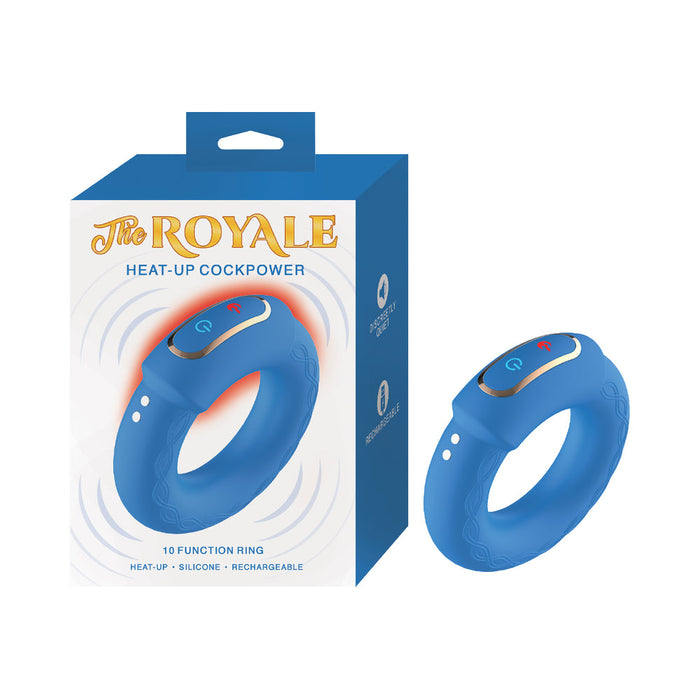The Turn Up the Heat Together – Couples’ Warming Pleasure Bundle includes a blue silicone heat-up cock ring with 10 functions and rechargeable power, shown next to its packaging—an ideal upgrade for couples' intimacy kits.