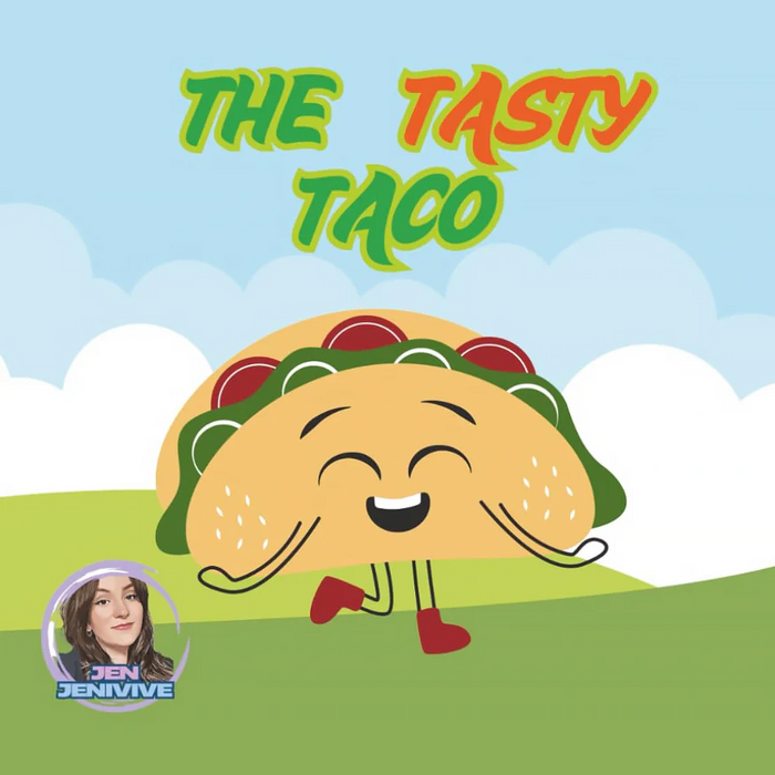 A smiling cartoon taco with red boots walks on grass under a blue sky. Above, “THE TASTY TACO” in colorful letters; in the corner, a photo of Jen Jenivive. From The Tasty Taco Adult Humor Book by Jen Jenivive.