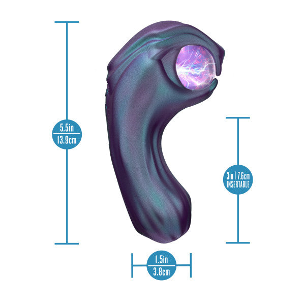 The Viper Double Ended Dual Motor Plasma Globe Vibrator is a curved, purple and green toy with a glowing, illuminated tip featuring an electric effect. It measures 5.5" tall, 1.5" wide, with 3" insertable length.