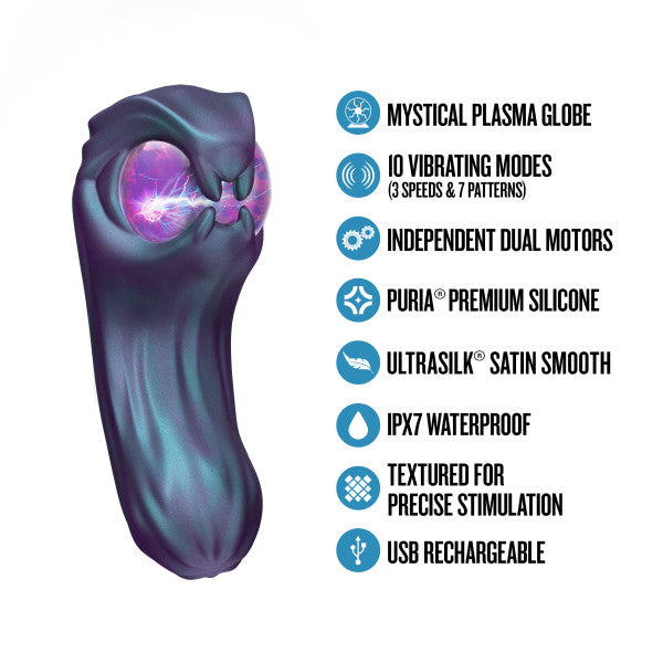 The Viper Double Ended Dual Motor Plasma Globe Vibrator is shown with glowing purple plasma, featuring mystical globe design, 10 vibration modes, dual motors, premium ultrasmooth silicone, waterproof build, textured body, and USB rechargeability.