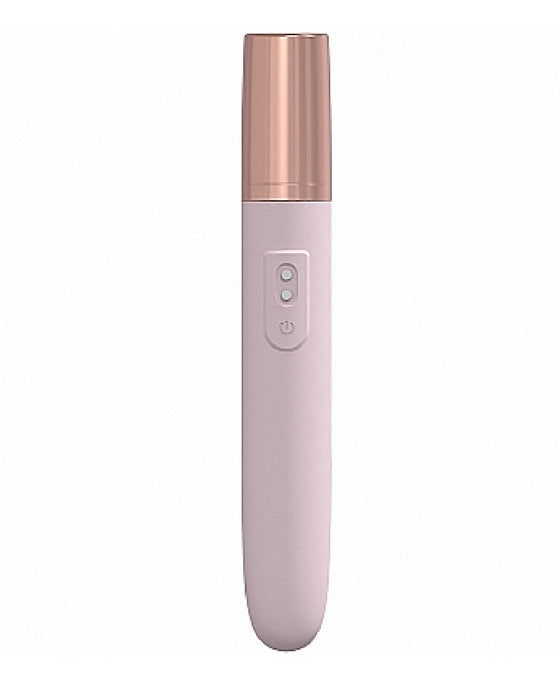 The Traveler Vibrator and Lube Set - Pink  upright with lid on 