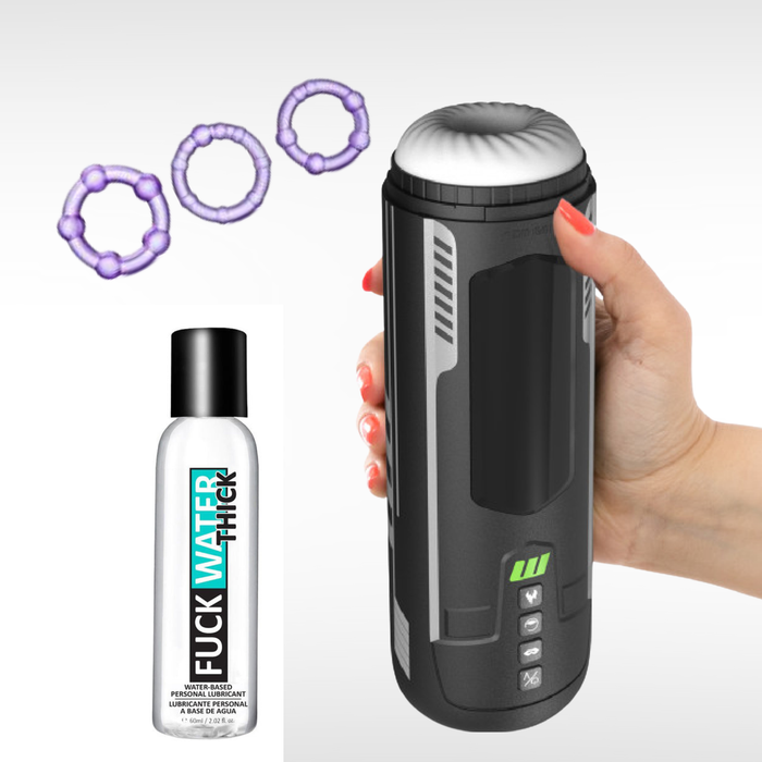 A hand holds The Ultimate Stroke & Relax Bundle’s black and silver Automatic Stroker, with three purple Beaded Rings and a "FUCK WATER THICK" Water-Based Lubricant bottle nearby, all on a white background.