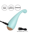 Thrill Me External Palm Sized Vibrator in teal with charging cord plug in back 