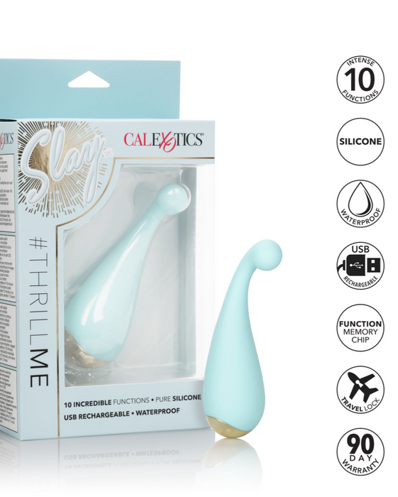 Thrill Me External Palm Sized Vibrator next to box with icons showing product features 