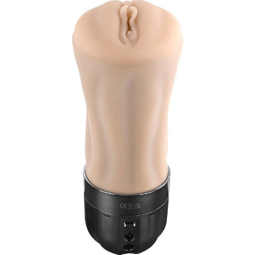 A realistic-looking sex toy, the XR Brands Tight Lipped Vibrating Vanilla Stroker with Suction + Free Movie Download, designed as a masturbator, with a beige, flesh-like texture attached to a black cylindrical base equipped with buttons for controlling sucking functions and vibrating speeds.