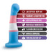 The Trans Pride Slim Curved 6 Inch Silicone Suction Cup Dildo, in blue, pink, and white platinum-cured silicone, is lab certified, fragrance and latex free, handmade, harness compatible, with a strong suction cup base for easy use.
