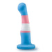 The Trans Pride Slim Curved 6 Inch Silicone Suction Cup Dildo features platinum cured silicone in blue, pink, and white stripes of the transgender pride flag, with a curved shape and upright suction cup base against a white background.