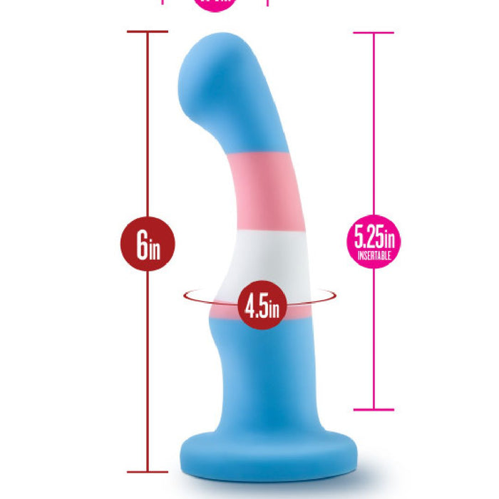 The Trans Pride Slim Curved 6 Inch Silicone Suction Cup Dildo features blue, pink, and white stripes, a flared base, platinum cured silicone, 6" total length (5.25" insertable), 4.5" girth at widest point, plus measurement lines and labels.
