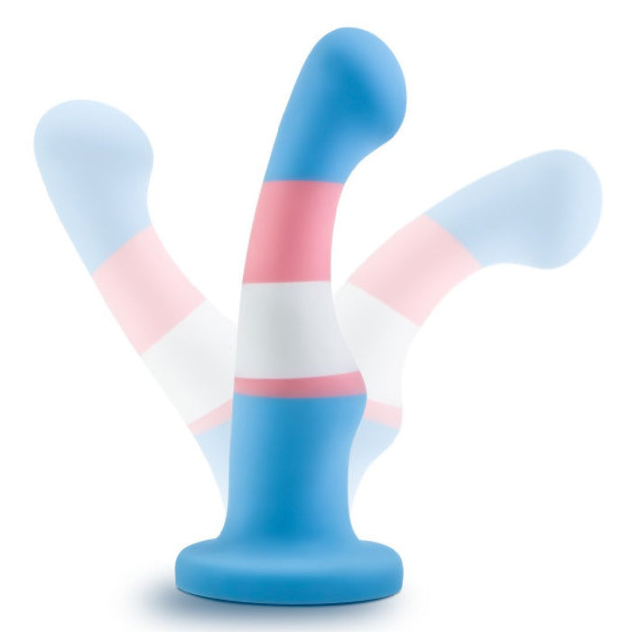 The Trans Pride Slim Curved 6 Inch Silicone Suction Cup Dildo features blue, pink, and white stripes, a flared base, strong suction cup, and flexible platinum-cured silicone. Displayed at multiple angles to show off its trans pride colors and bendability.
