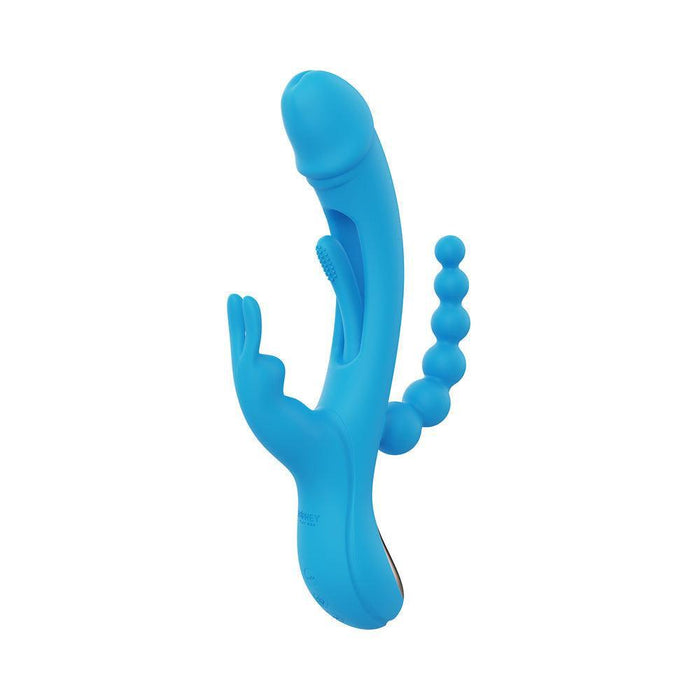 The Trilux App-Controlled Kinky Finger Rabbit Vibrator with Anal Beads is a blue silicone device featuring a smooth rounded tip, ribbed section, dual rabbit-ear stimulators, and an attached bead-like anal component, perfect for G-spot stimulation and versatile blended orgasms.