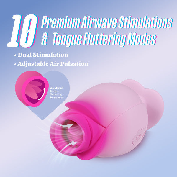 The Tulip Trance Licking Sucking Clitoral Vibrator in pink features a petal-inspired design, 10 premium airwave stimulation and tongue-fluttering modes, dual stimulation, clitoral focus, and adjustable suction functions.
