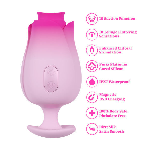 The Tulip Trance Licking Sucking Clitoral Vibrator features 10 suction modes, a rose-inspired pink design, clitoral stimulation, easy control buttons, waterproof build, USB charging, and body-safe silicone for safe satisfaction.